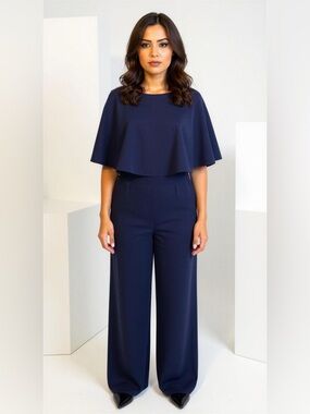 Connected Apparel Navy Cape-Overlay Wide-Leg Jumpsuit Size 22W